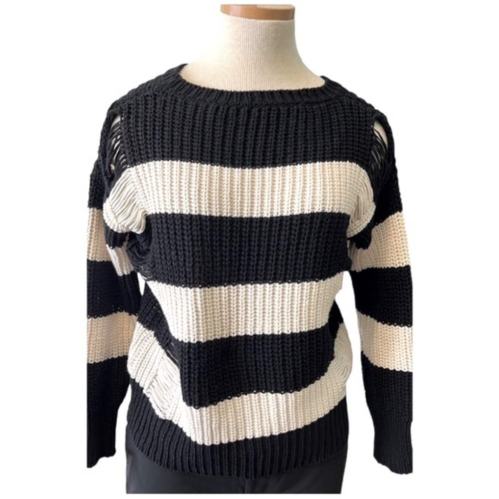 Sandro Stripe Distressed Knit Sweater, Black & Cream, size EU 2/Med, US 4-6 - Picture 3 of 16